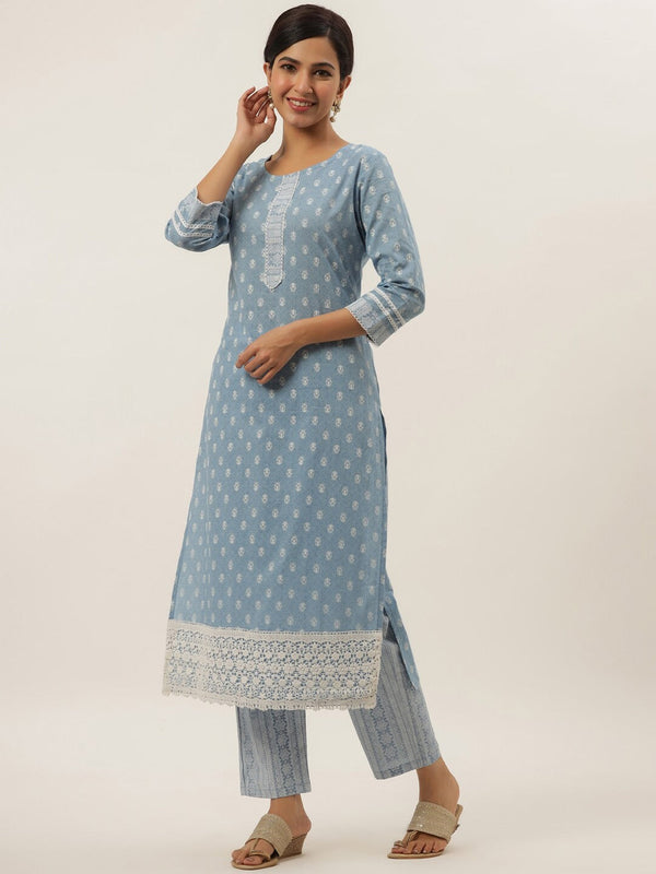 Blue Printed Cotton Kurta Set-Indiakreations-JS9521SETSBS