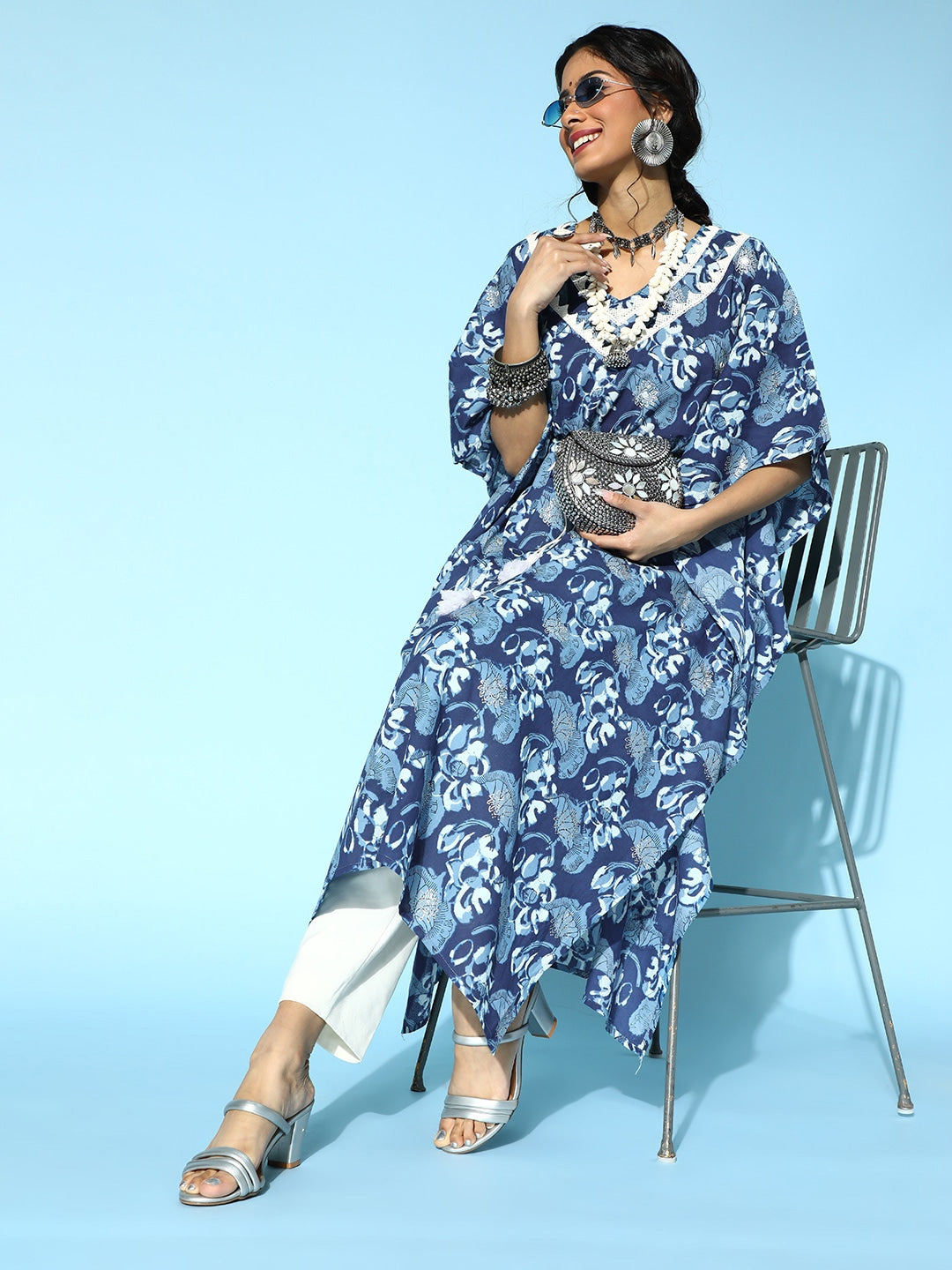 Blue Printed Kaftan Kurta-Indiakreations-JS9537KFTBLS