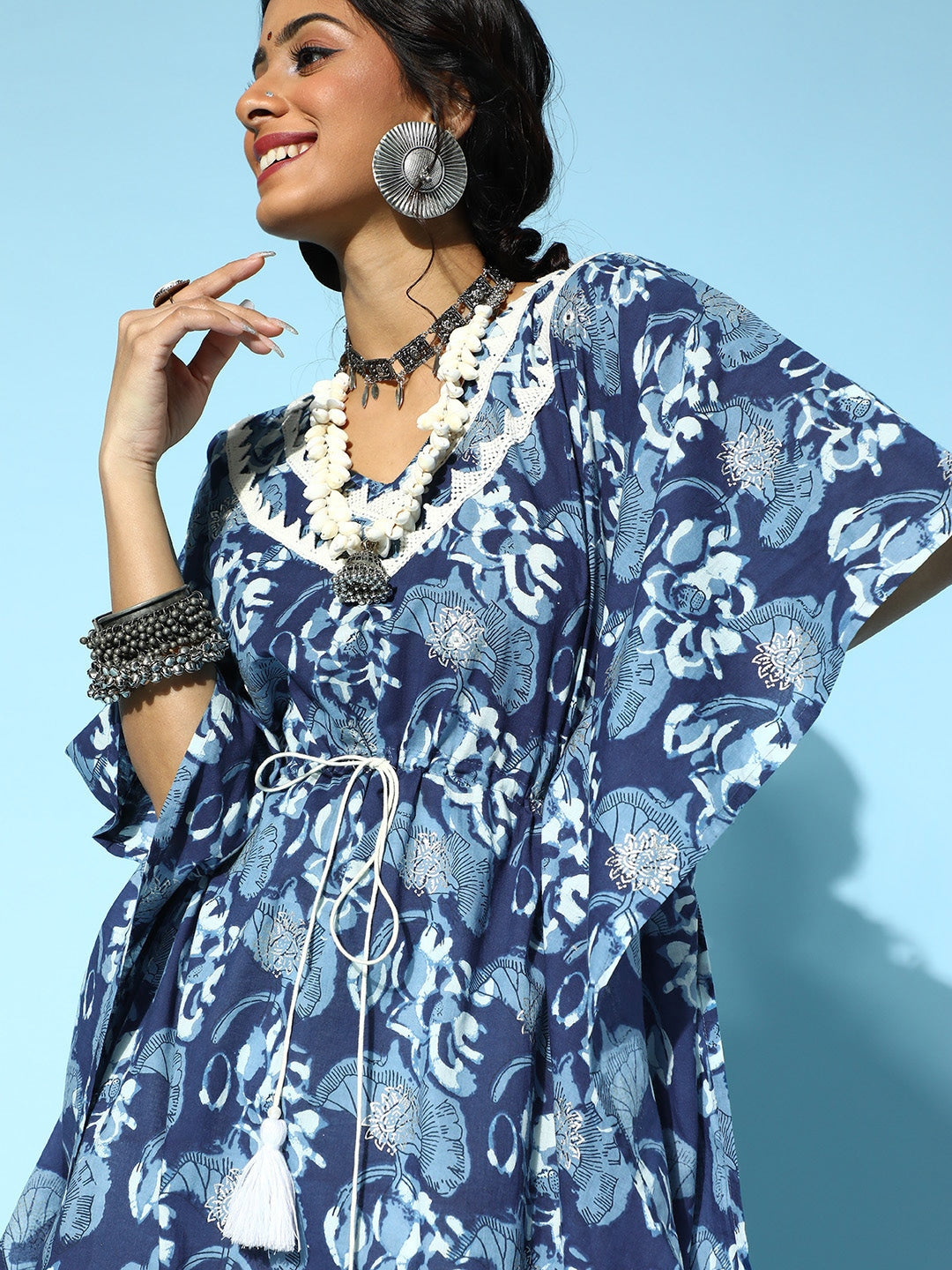 Blue Printed Kaftan Kurta-Indiakreations-JS9537KFTBLS