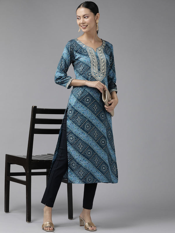 Blue Printed Kurta-Indiakreations-JS9343KURBLS