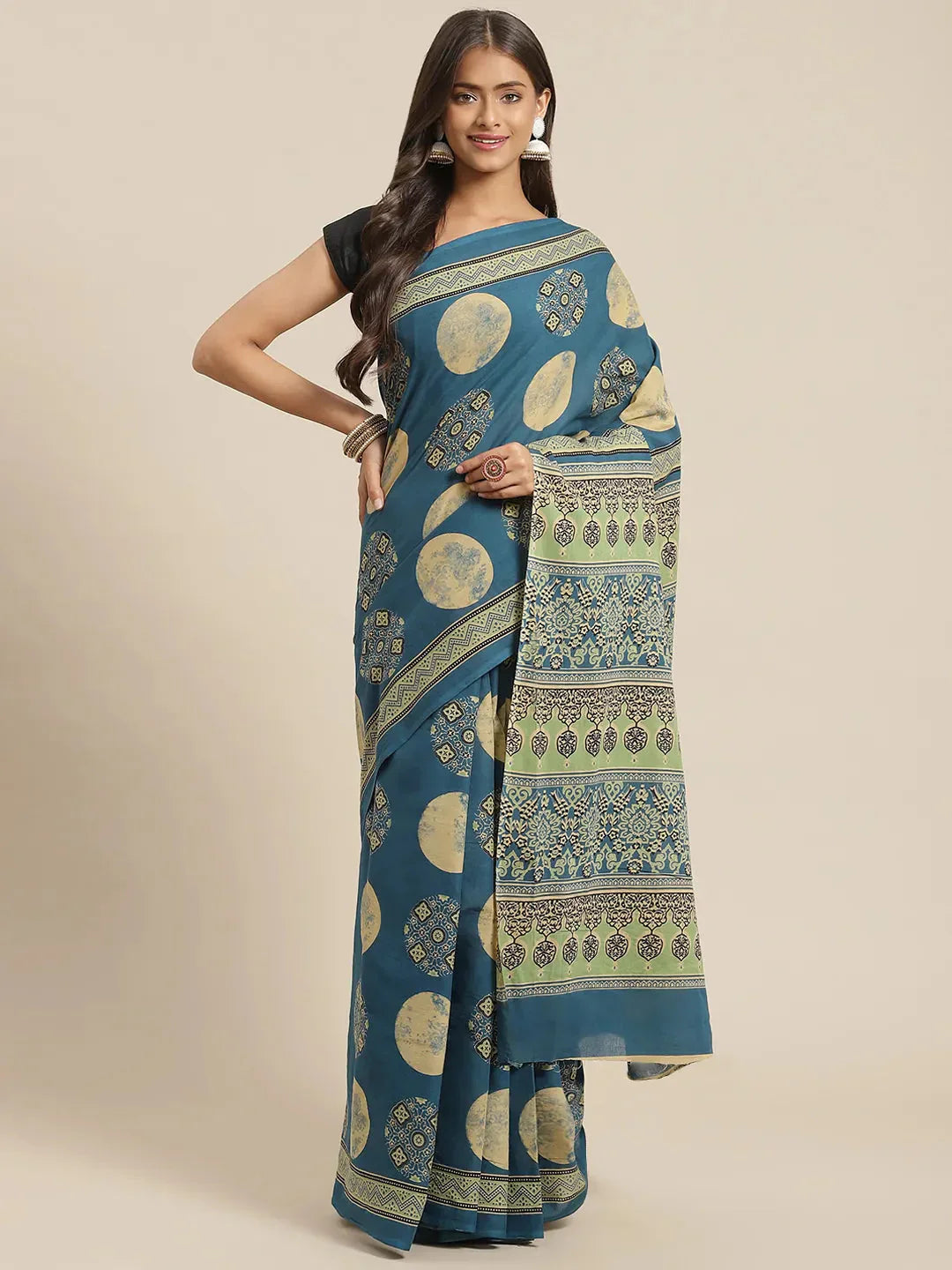 Blue Printed Saree-Indiakreations-JS6034SARBL