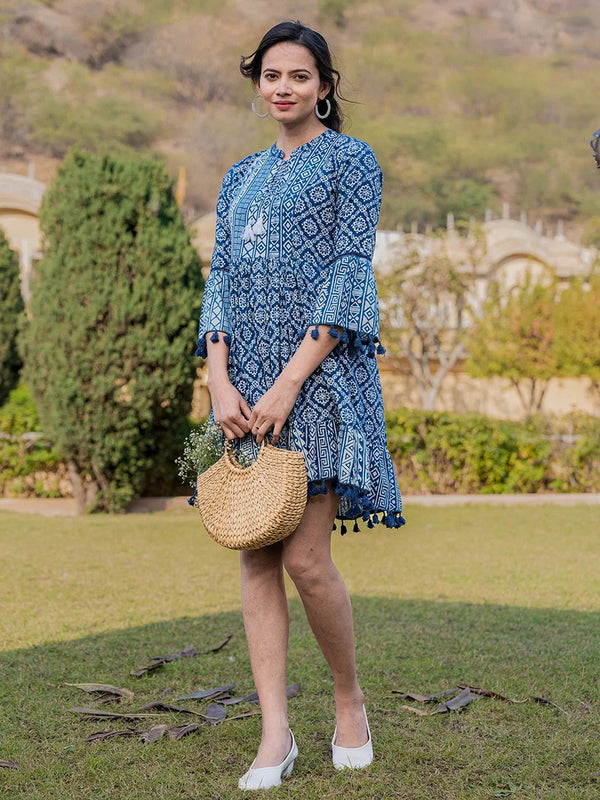 Blue Pure Cotton Ethnic Motifs Less Border Tassels Were Dress-Indiakreations-JS1872DRSBLS