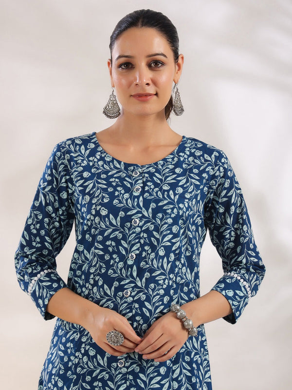 Blue Pure Cotton Floral Print A-Line Kurta Trouser Set-Indiakreations-JS1645SETBLS