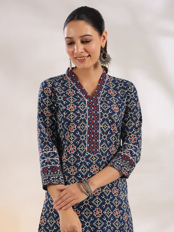 Blue Pure Cotton Geometric_Print A-Line Kurta Trouser Set-Indiakreations-JS1720SETBLS