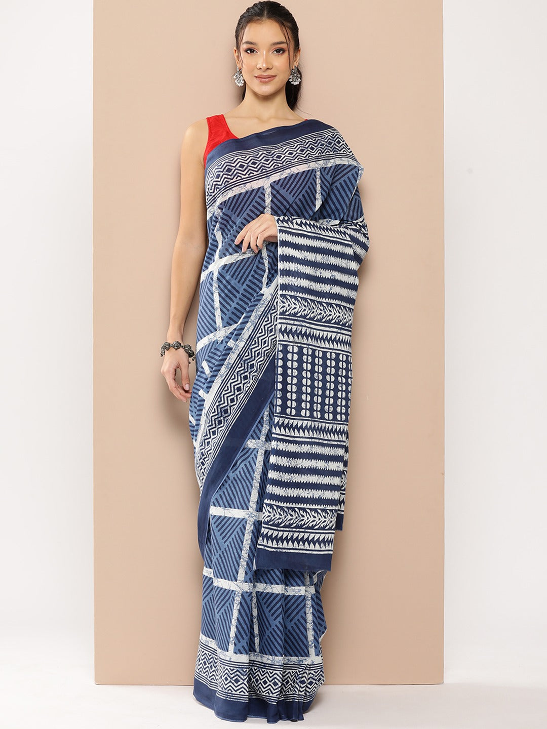 Blue Striped Mulmul Cotton Sarees With Unstitched Blouse-Indiakreations-JS1972SARBL