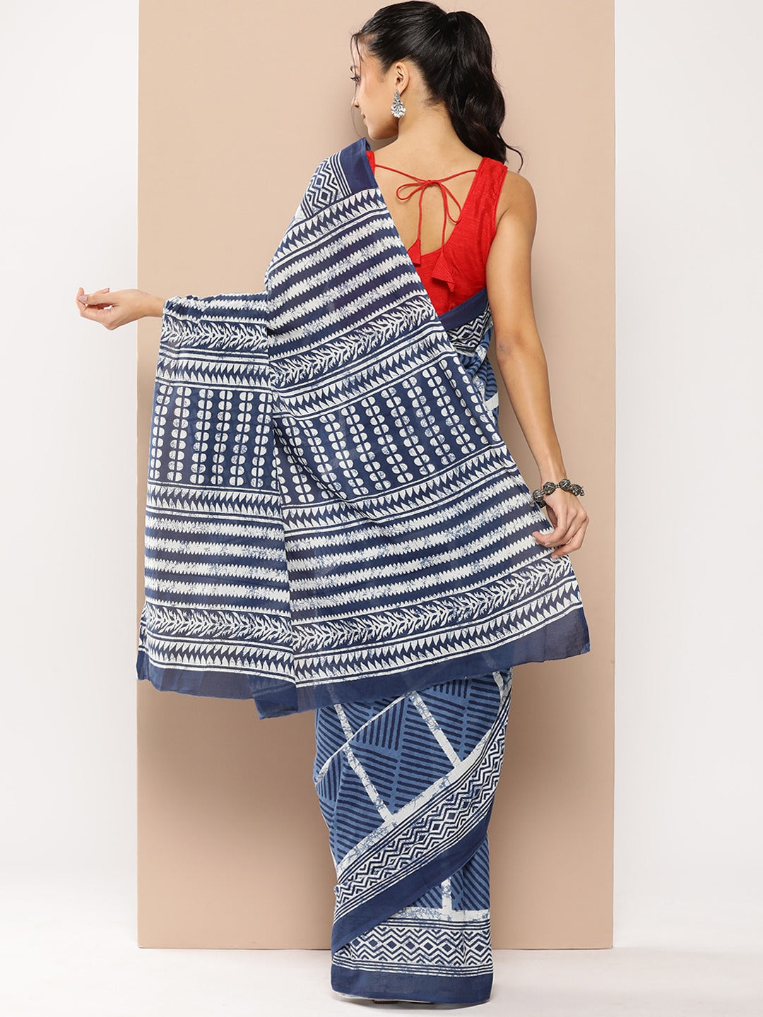 Blue Striped Mulmul Cotton Sarees With Unstitched Blouse-Indiakreations-JS1972SARBL