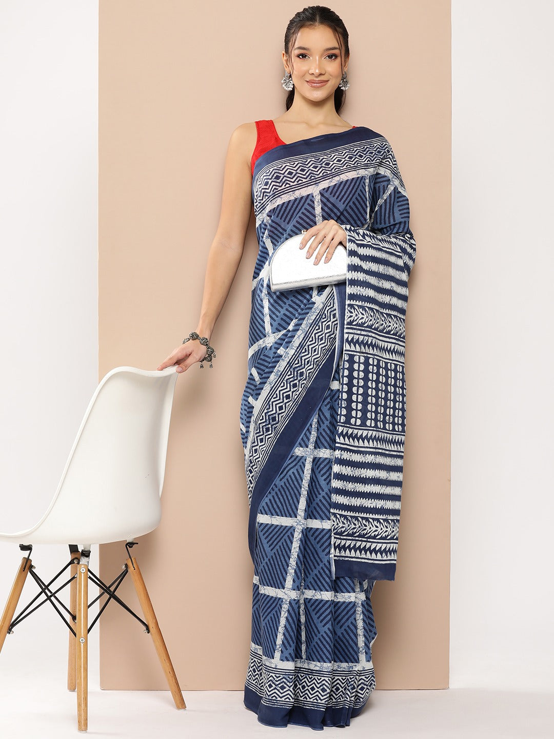 Blue Striped Mulmul Cotton Sarees With Unstitched Blouse-Indiakreations-JS1972SARBL