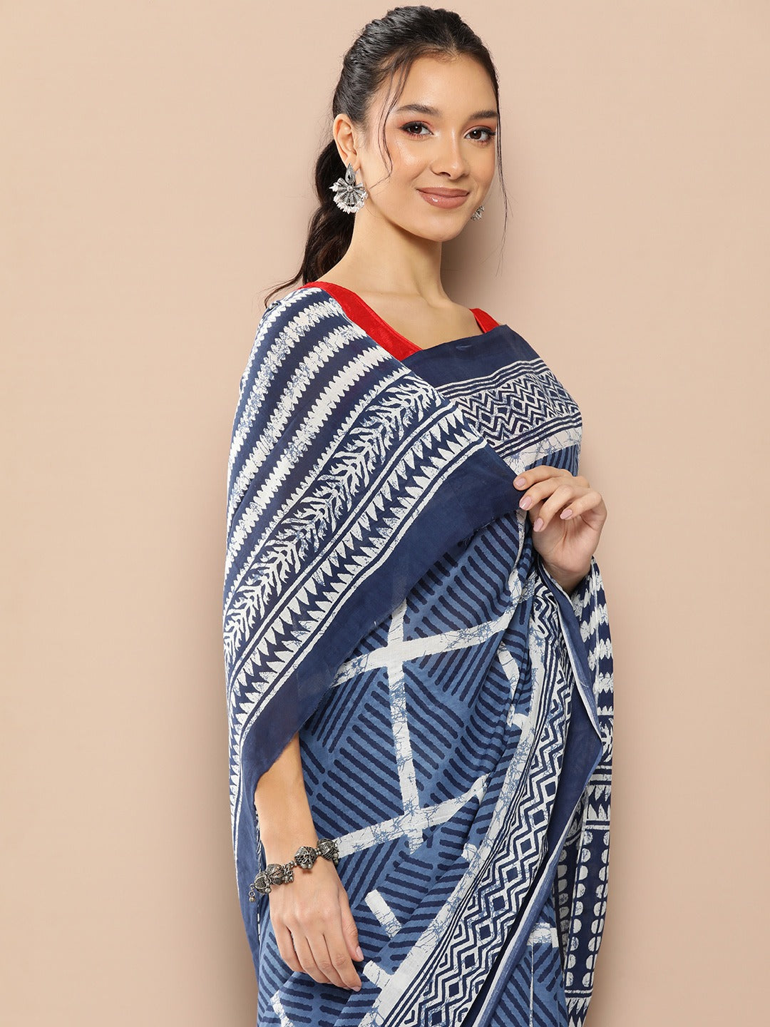 Blue Striped Mulmul Cotton Sarees With Unstitched Blouse-Indiakreations-JS1972SARBL