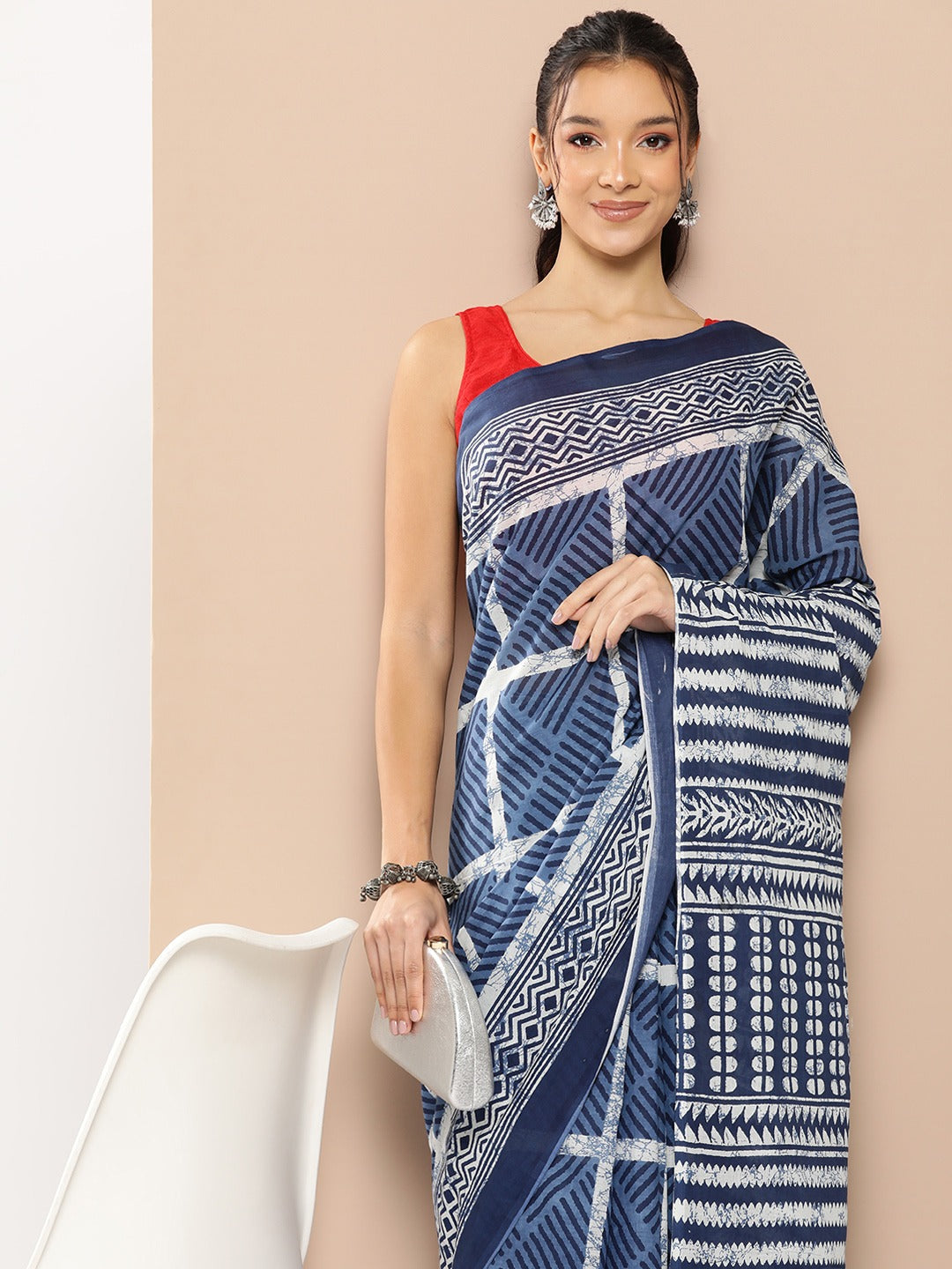 Blue Striped Mulmul Cotton Sarees With Unstitched Blouse-Indiakreations-JS1972SARBL