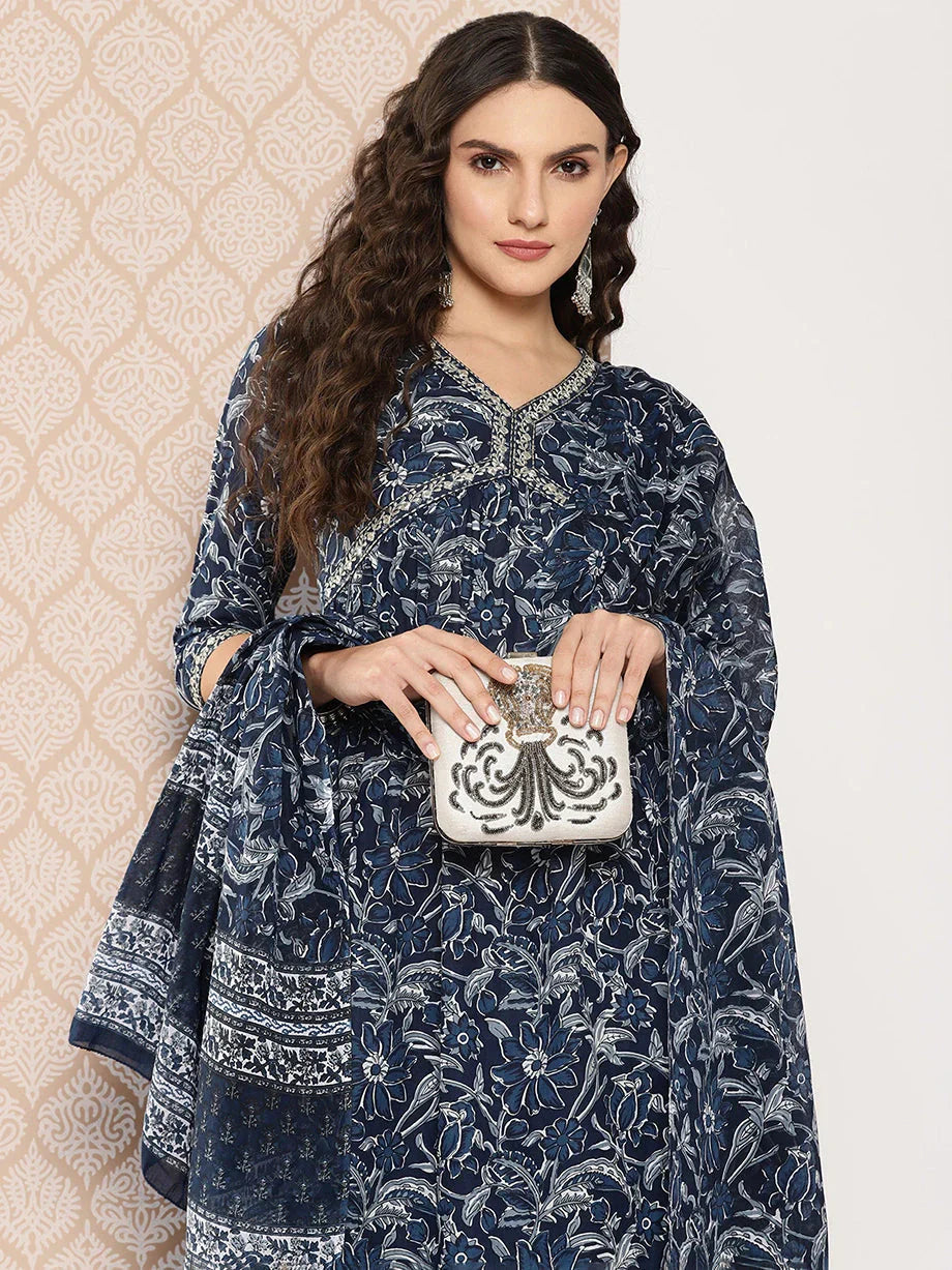 Blue Women Floral Embroidered Regular Pure Cotton Kurta with Trousers & With Dupatta-Indiakreations-JS1252SKDBLS