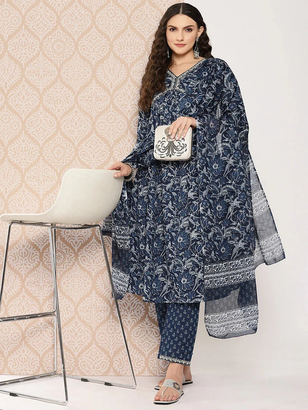 Blue Women Floral Embroidered Regular Pure Cotton Kurta with Trousers & With Dupatta-Indiakreations-JS1252SKDBLS