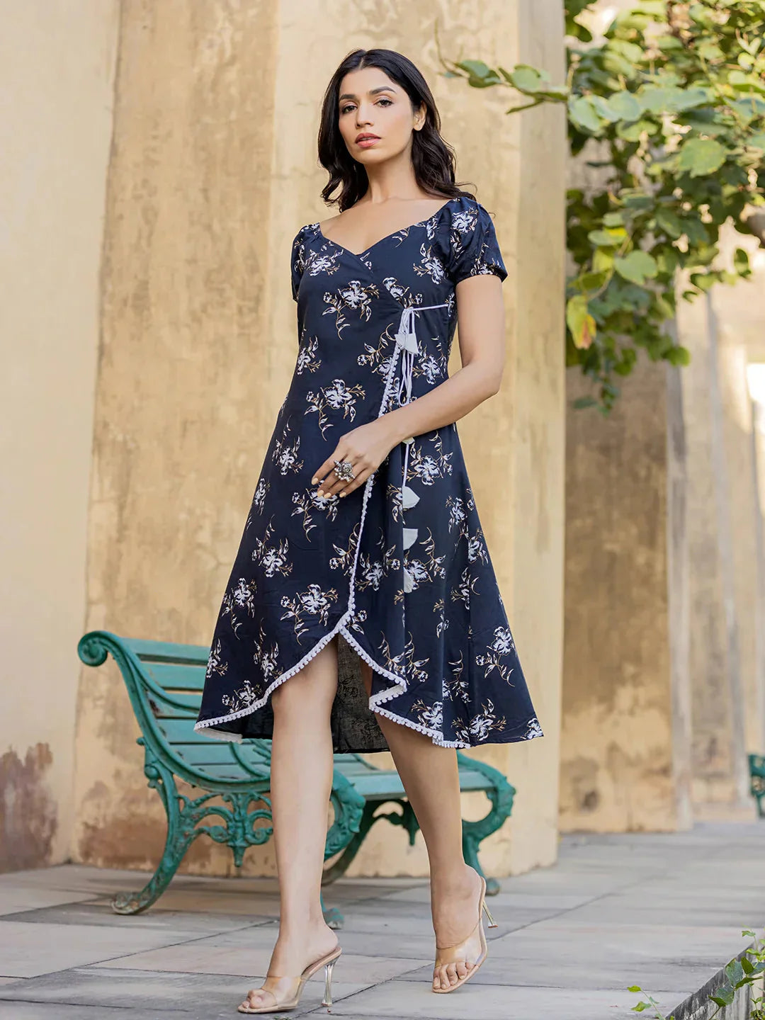 Blue Wrap Dress-Indiakreations-JS8148DRSBLXS