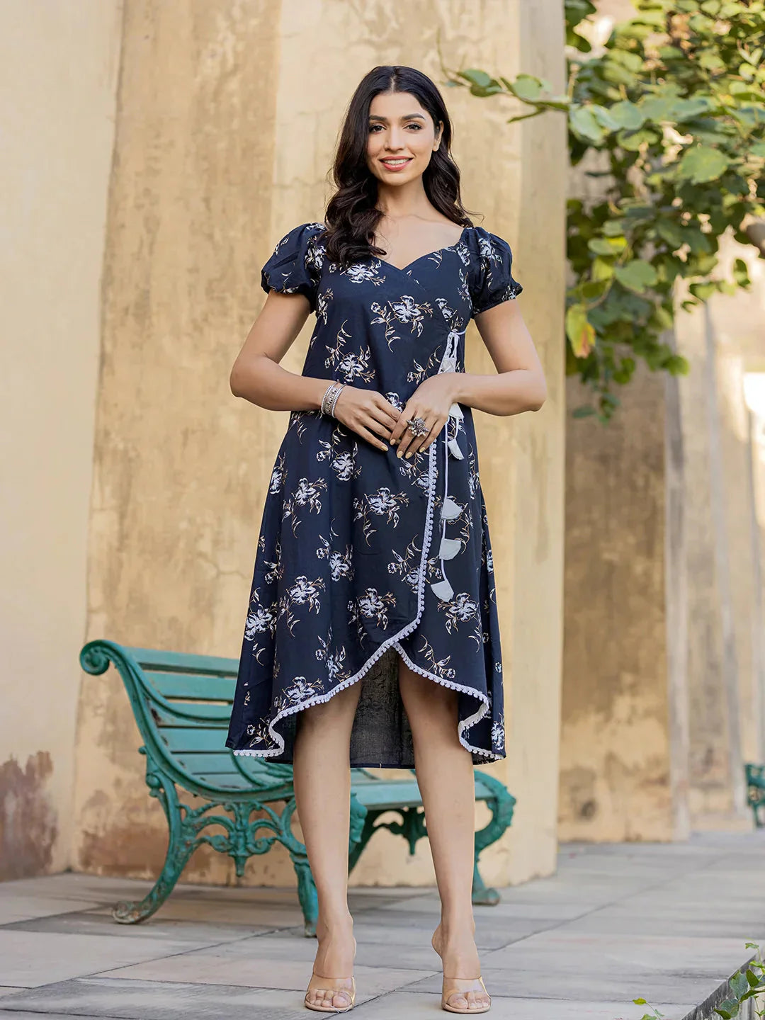 Blue Wrap Dress-Indiakreations-JS8148DRSBLXS