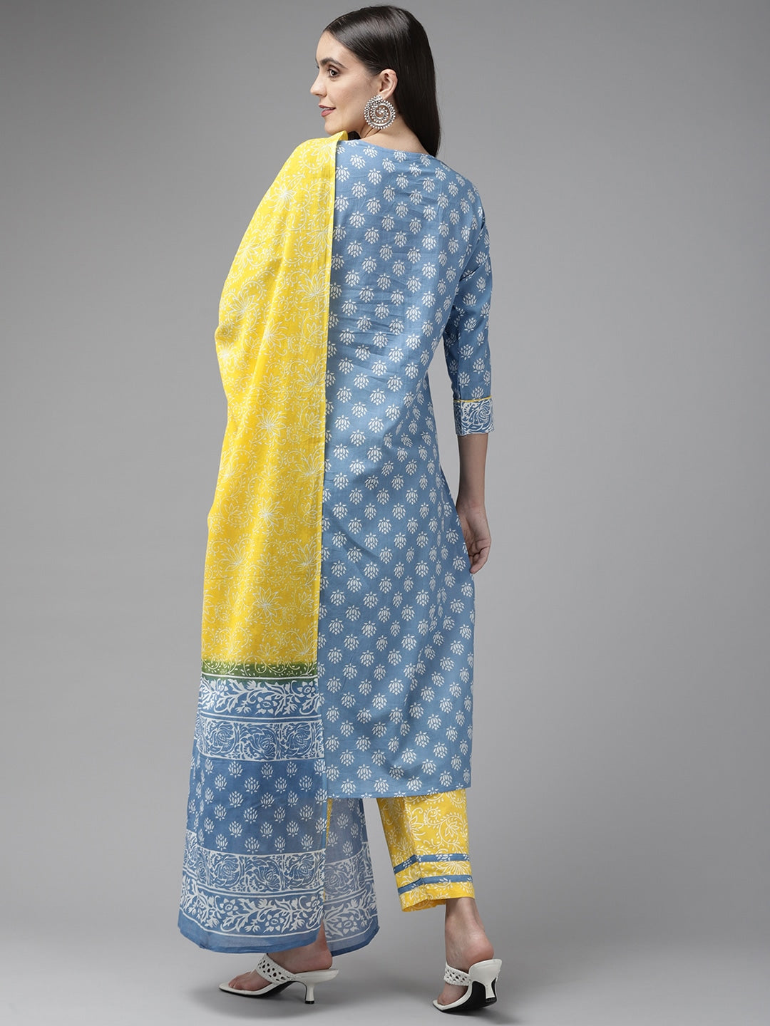 Blue & Yellow Ethnic Printed Dupatta Set-Indiakreations-JS9424SKDBLS