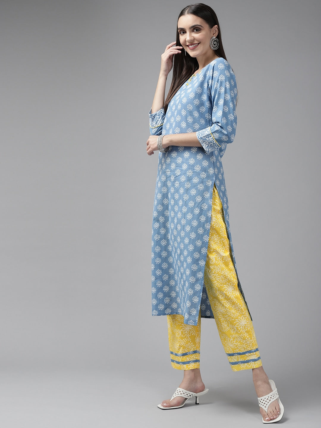 Blue & Yellow Ethnic Printed Dupatta Set-Indiakreations-JS9424SKDBLS