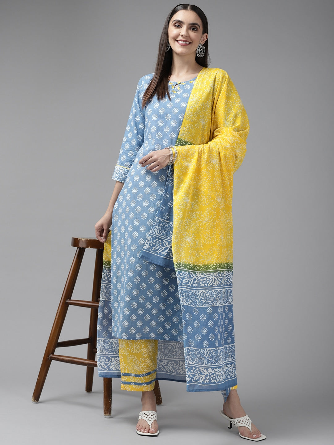 Blue & Yellow Ethnic Printed Dupatta Set-Indiakreations-JS9424SKDBLS