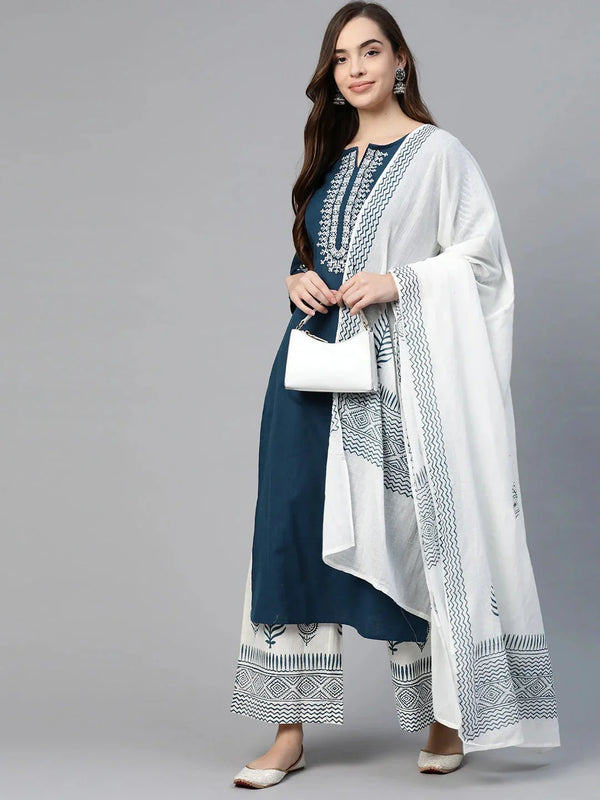 Blue and White Straight Dupatta Set-Indiakreations-JS7490SETBLS