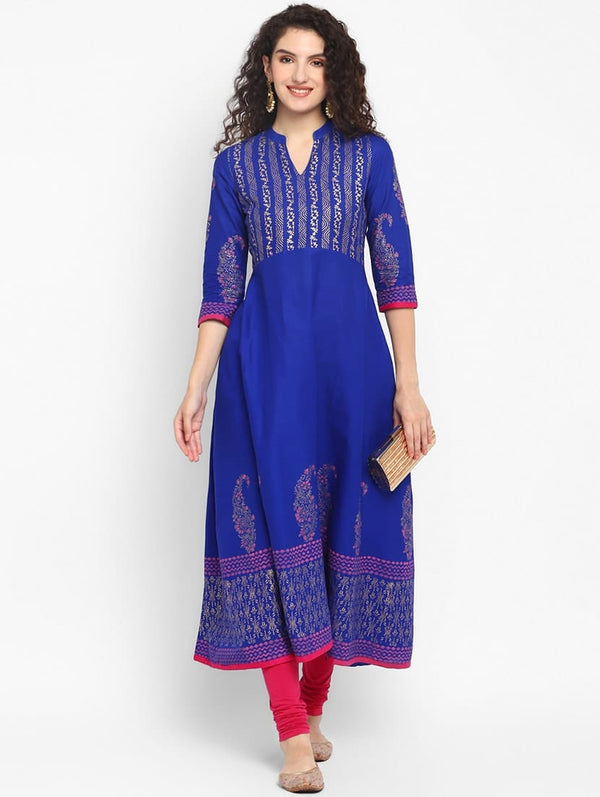 Women's Blue Cotton Printed Anarkali Kurti - Taantav