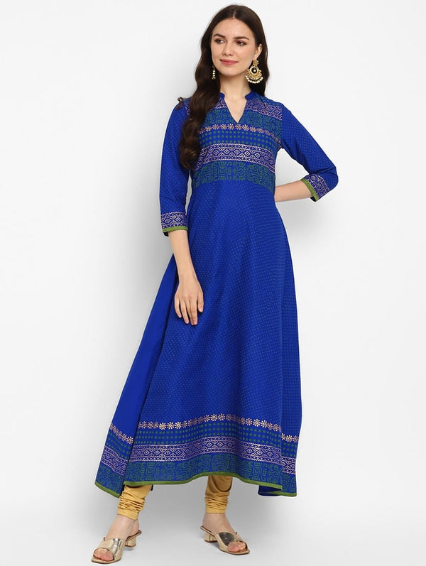 Women's Blue Cotton Printed Anarkali Kurti - Taantav