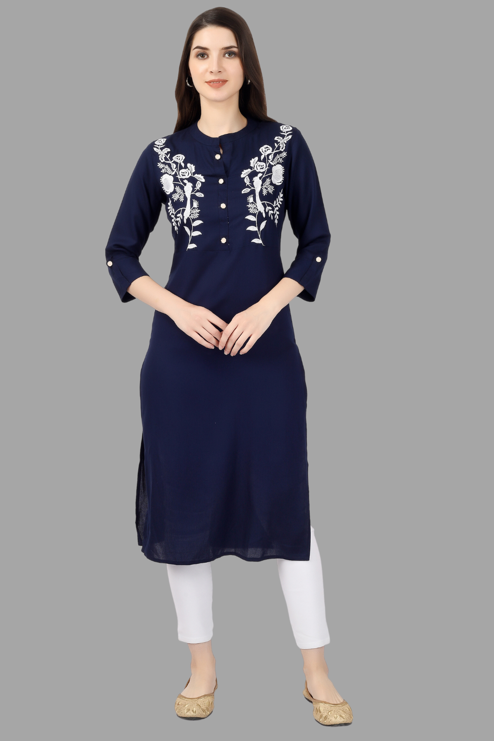 Women's Blue Rayon Chicken Embroidered Straight Kurta - House Of Rp