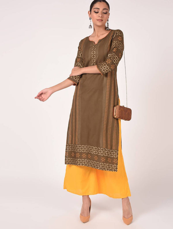 Women's Earth Brown & Yellow Cotton Hand Block Print Straight Kurta With Palazzo Set - Cheera