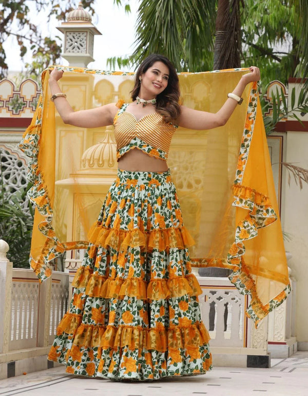 Women's Boltonia Yellow Ferrel Cotton Lehenga - Lado Jaipuri