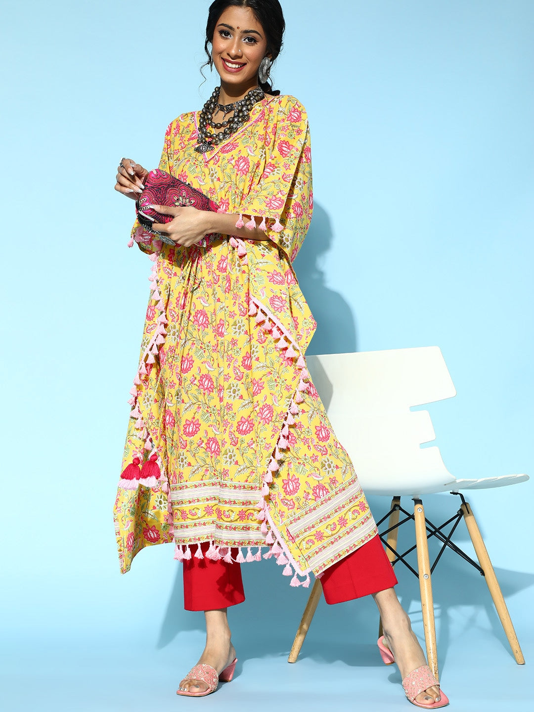 Bright Yellow Printed Kaftan Kurta-Indiakreations-JS9536KFTYLS