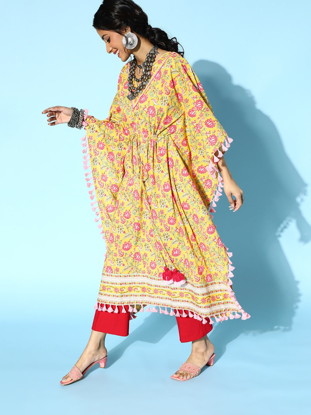 Bright Yellow Printed Kaftan Kurta-Indiakreations-JS9536KFTYLS