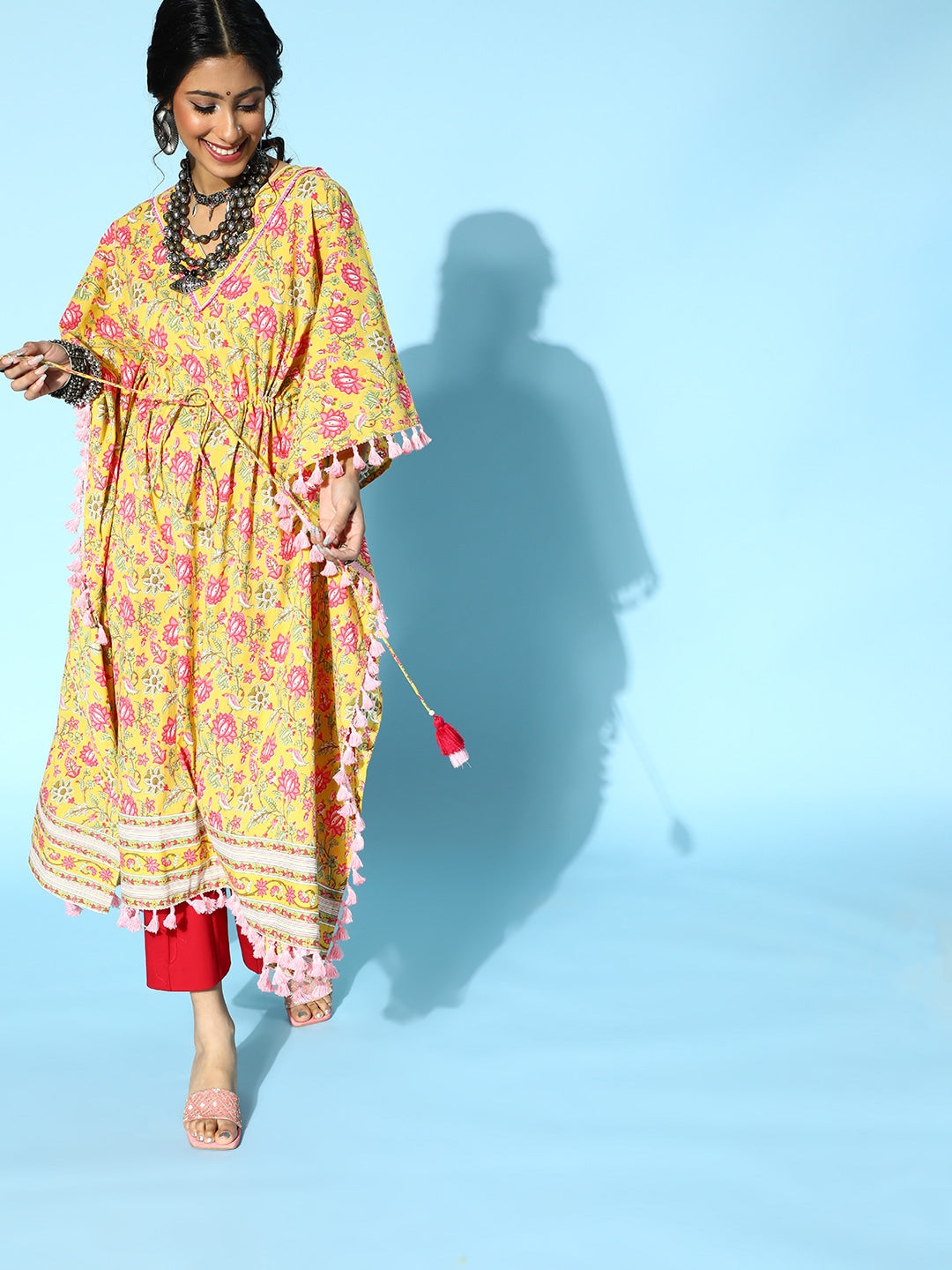 Bright Yellow Printed Kaftan Kurta-Indiakreations-JS9536KFTYLS