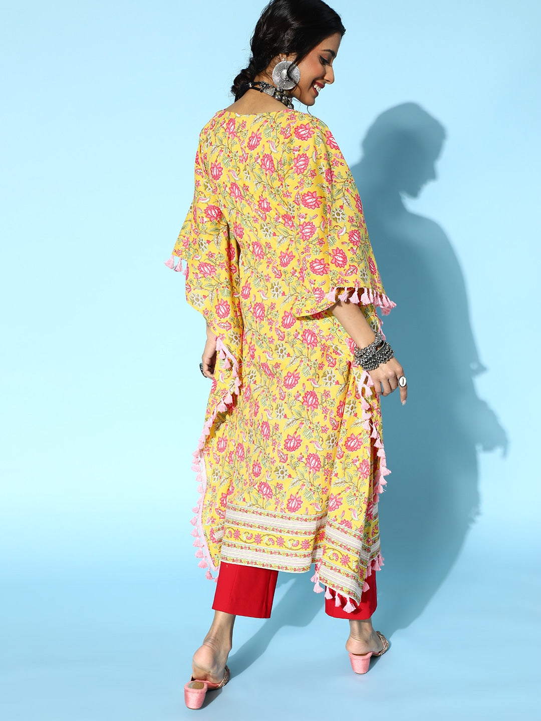 Bright Yellow Printed Kaftan Kurta-Indiakreations-JS9536KFTYLS