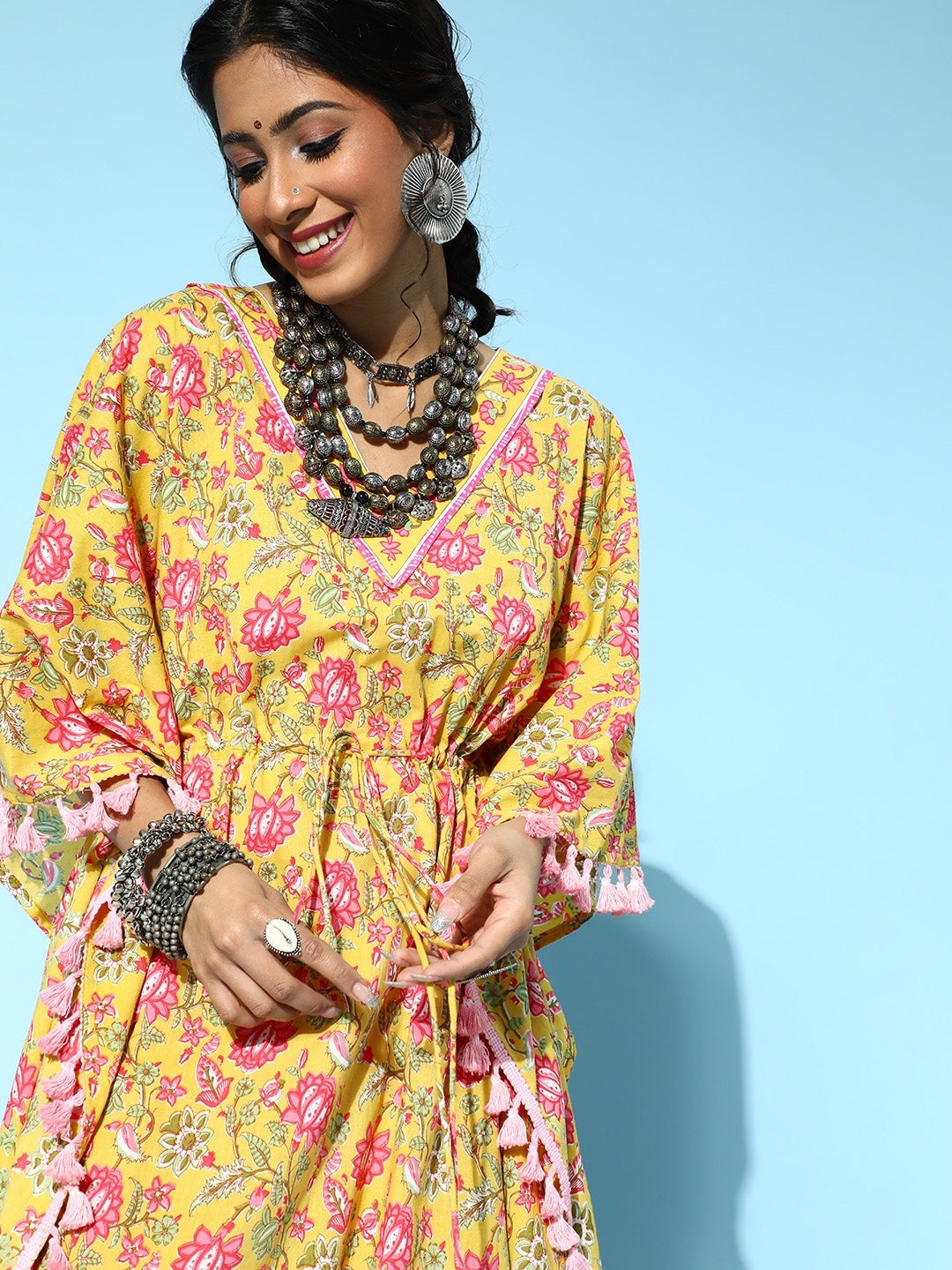 Bright Yellow Printed Kaftan Kurta-Indiakreations-JS9536KFTYLS