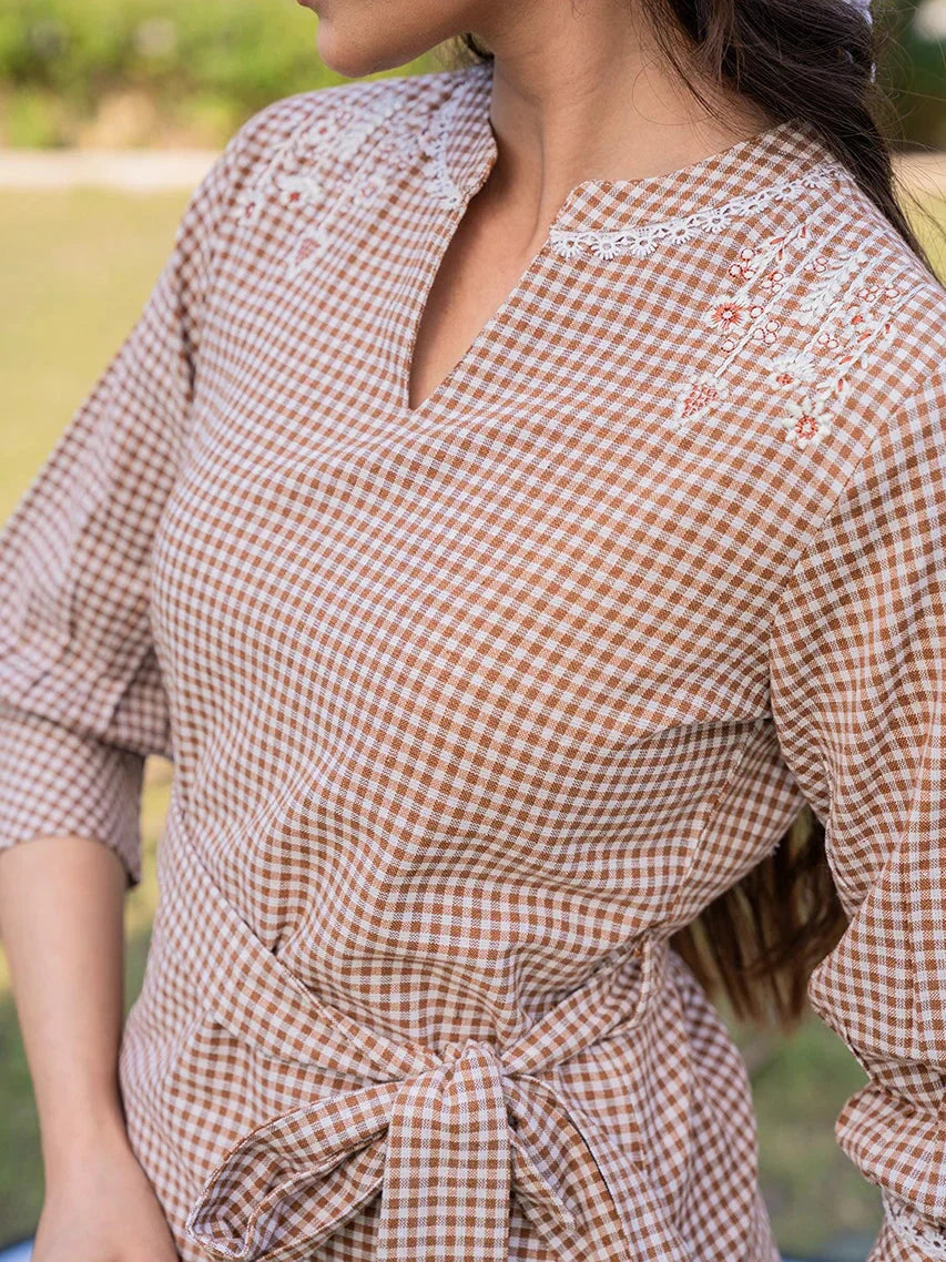 Brown Cotton Checks Embroidery Top-Indiakreations-JS1502TOPBRS