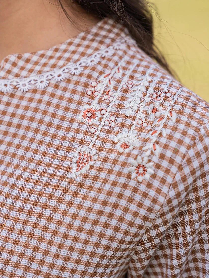 Brown Cotton Checks Embroidery Top-Indiakreations-JS1502TOPBRS