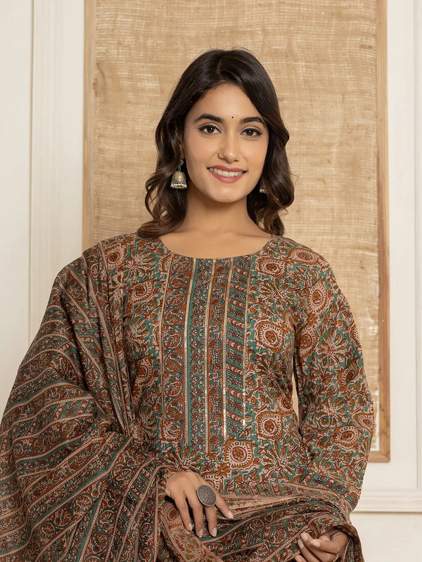 Brown Ethnic Motifs,Sequins_Work Cotton Straight Kurta And Trousers With Dupatta Set-Indiakreations-JS1014SKDBRS