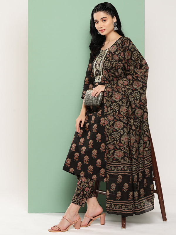 Brown Floral Embroidered Gotta Patti Pure Cotton Kurta with Trousers & Dupatta Set-Indiakreations-JS1447SKDBRS