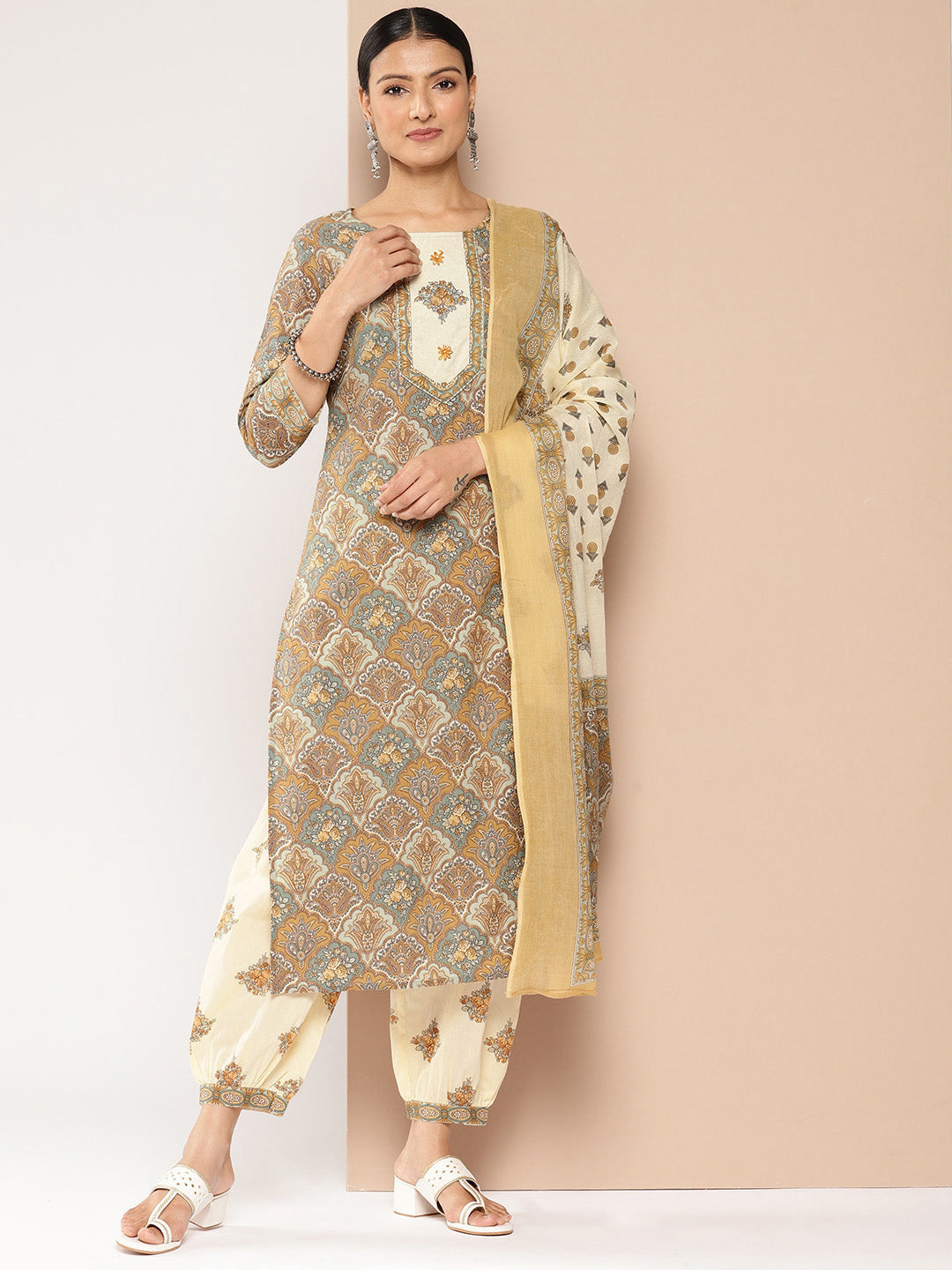 Brown Printed Kurta with Harem Pants with dupatta Set-Indiakreations-JS1387SKDBRS