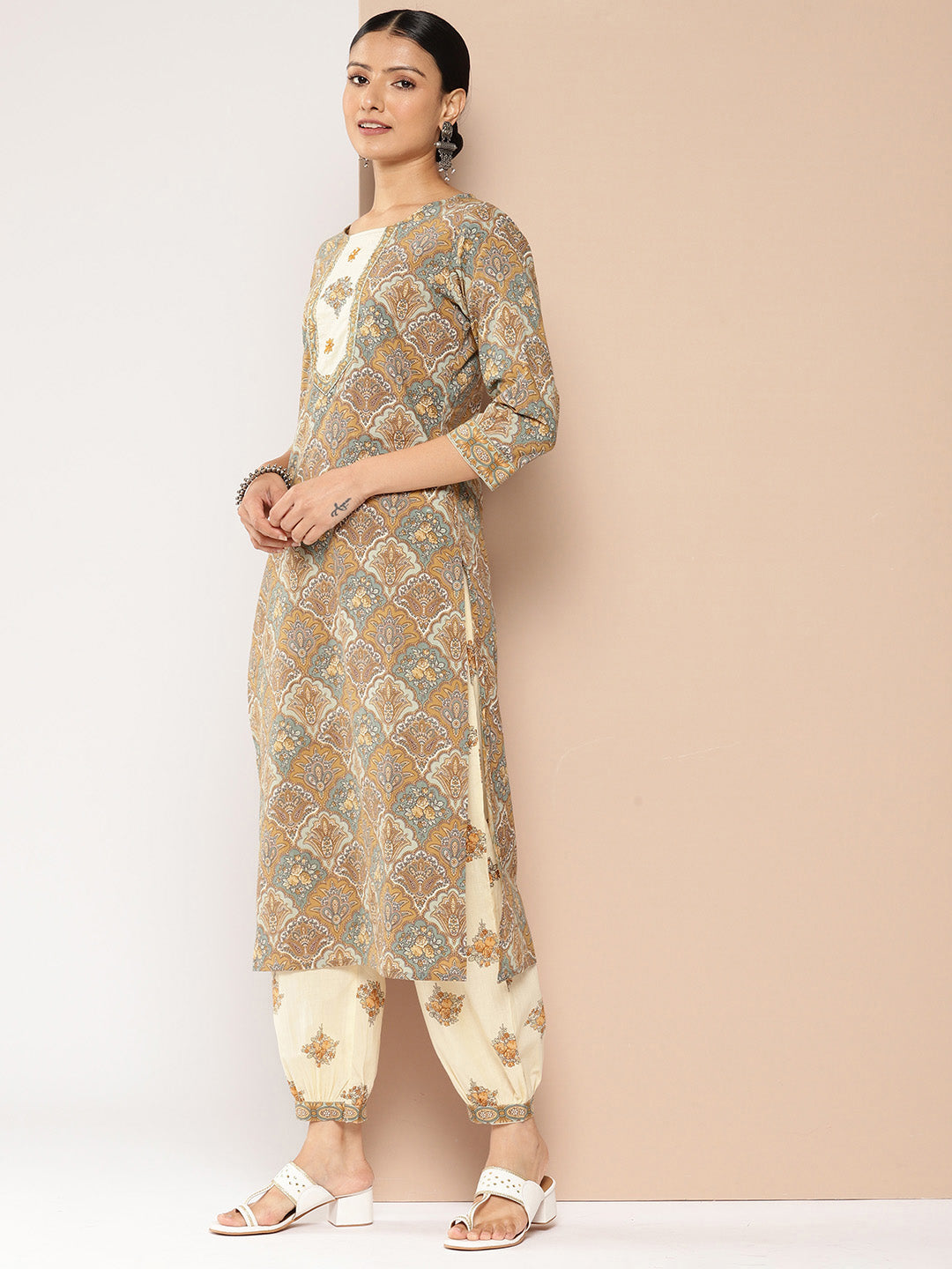 Brown Printed Kurta with Harem Pants with dupatta Set-Indiakreations-JS1387SKDBRS