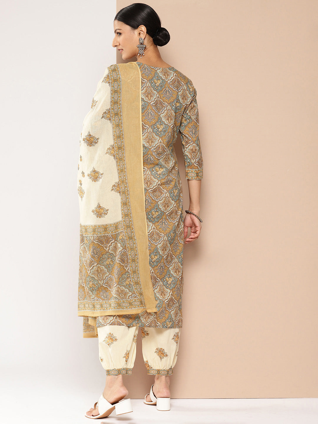 Brown Printed Kurta with Harem Pants with dupatta Set-Indiakreations-JS1387SKDBRS