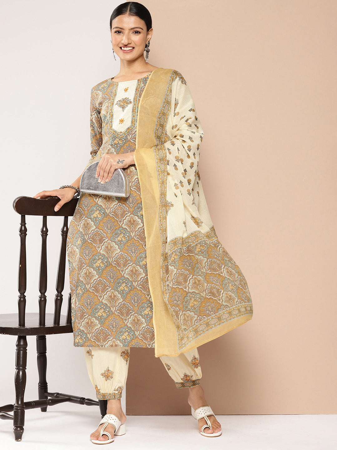 Brown Printed Kurta with Harem Pants with dupatta Set-Indiakreations-JS1387SKDBRS