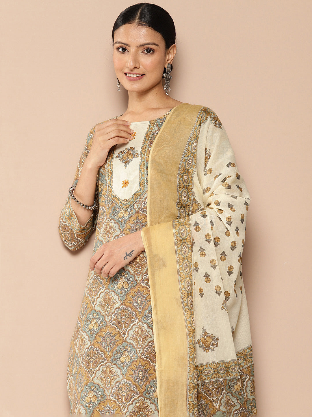 Brown Printed Kurta with Harem Pants with dupatta Set-Indiakreations-JS1387SKDBRS