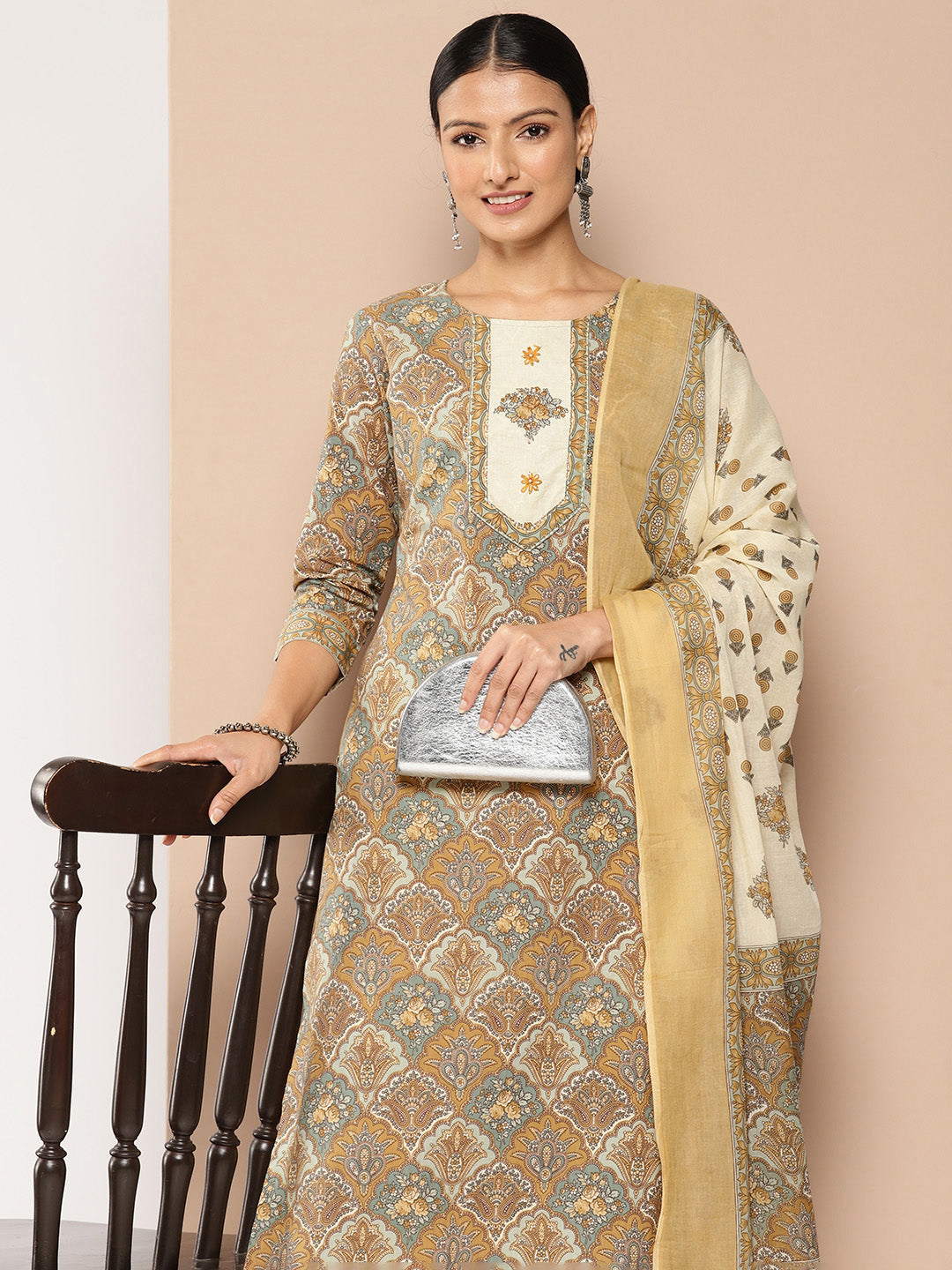 Brown Printed Kurta with Harem Pants with dupatta Set-Indiakreations-JS1387SKDBRS