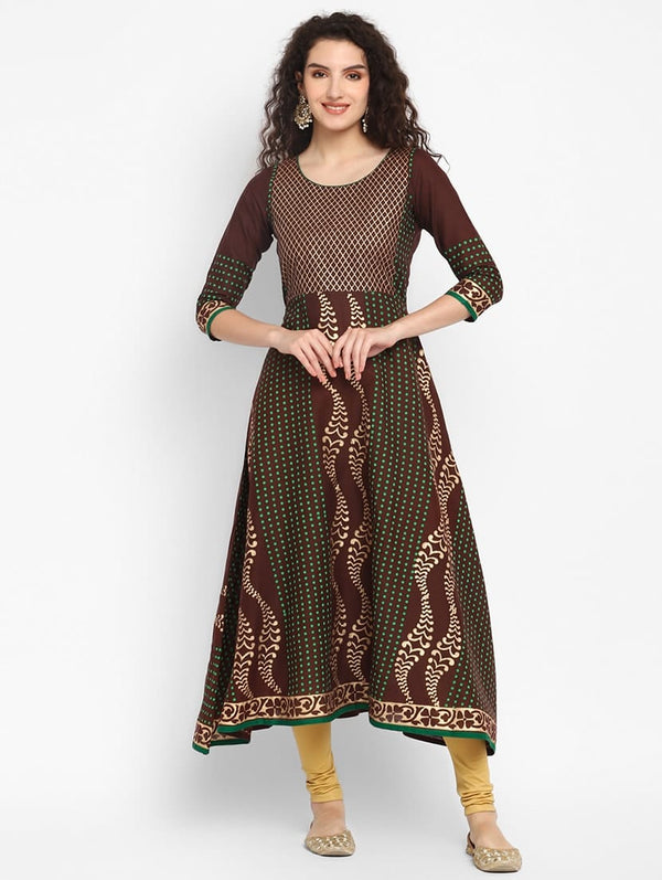 Women's Brown Cotton Printed Anarkali Kurti - Taantav