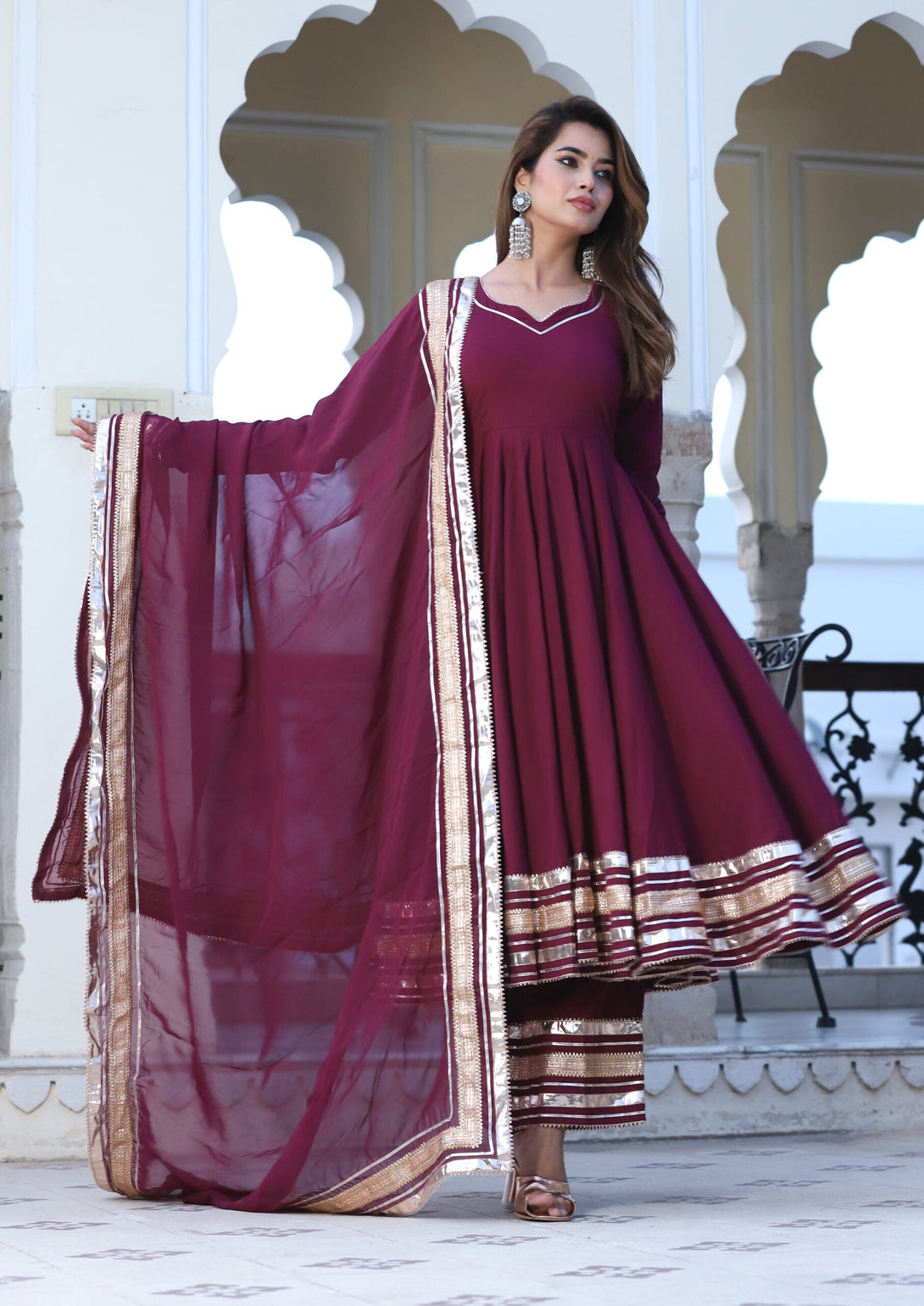 Women's Burgundy Cotton Anarkali Set - Lado Jaipuri