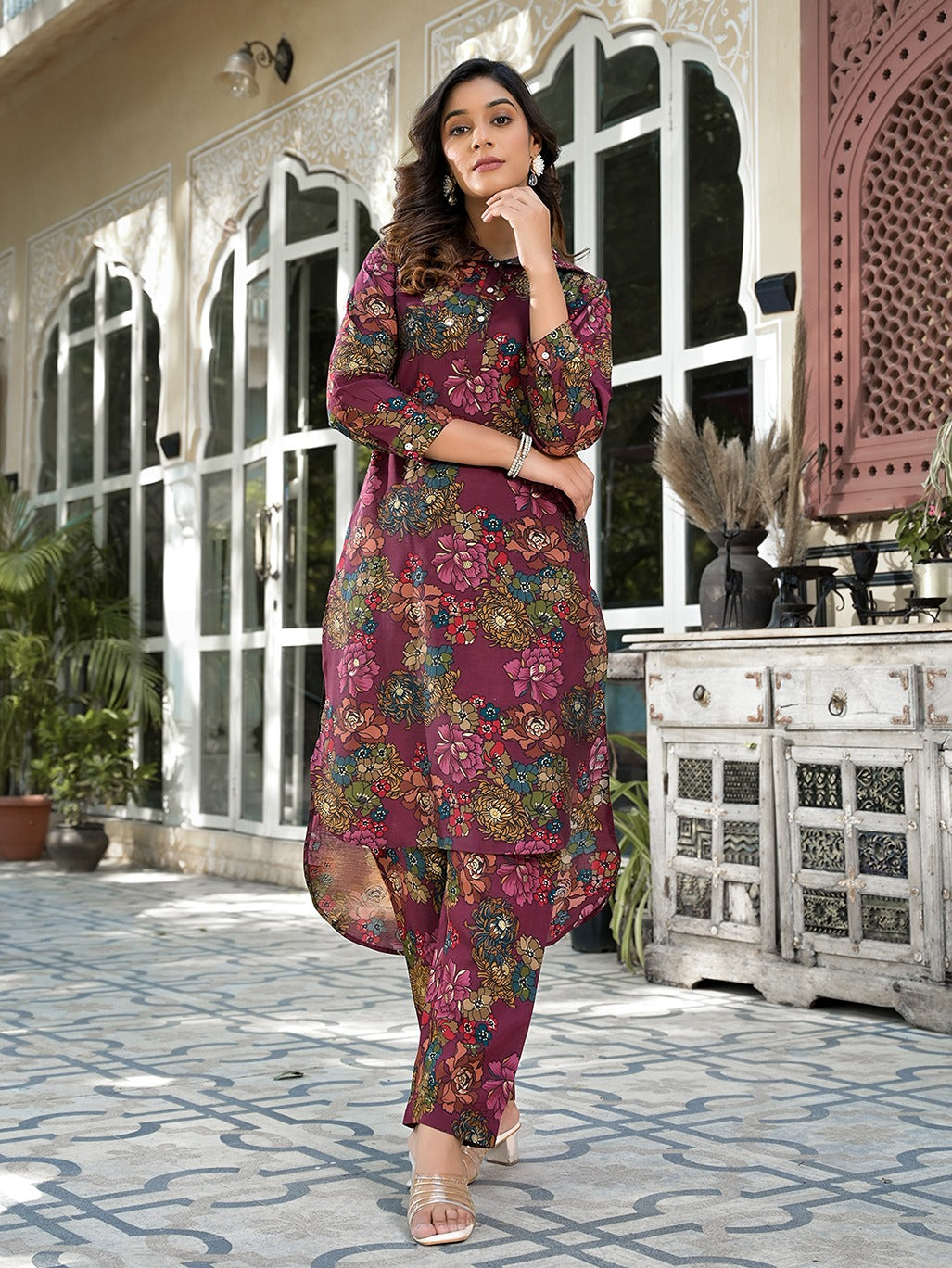 Burgundy Silk blend Floral Print Co-ord set-Indiakreations-JS1826CRDBUGM