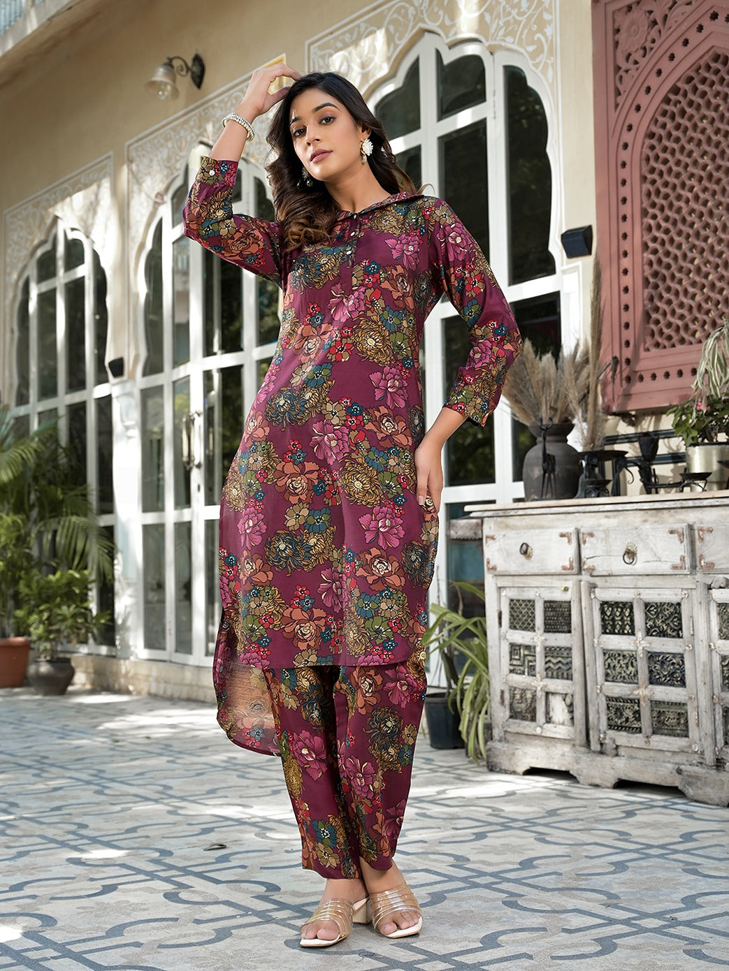 Burgundy Silk blend Floral Print Co-ord set-Indiakreations-JS1826CRDBUGM