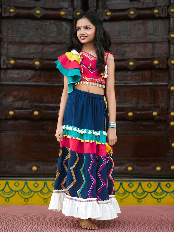 Girl's Butterfly Sleeves Choli Navy blue Navratri lehengha for Girls - HALEMONS