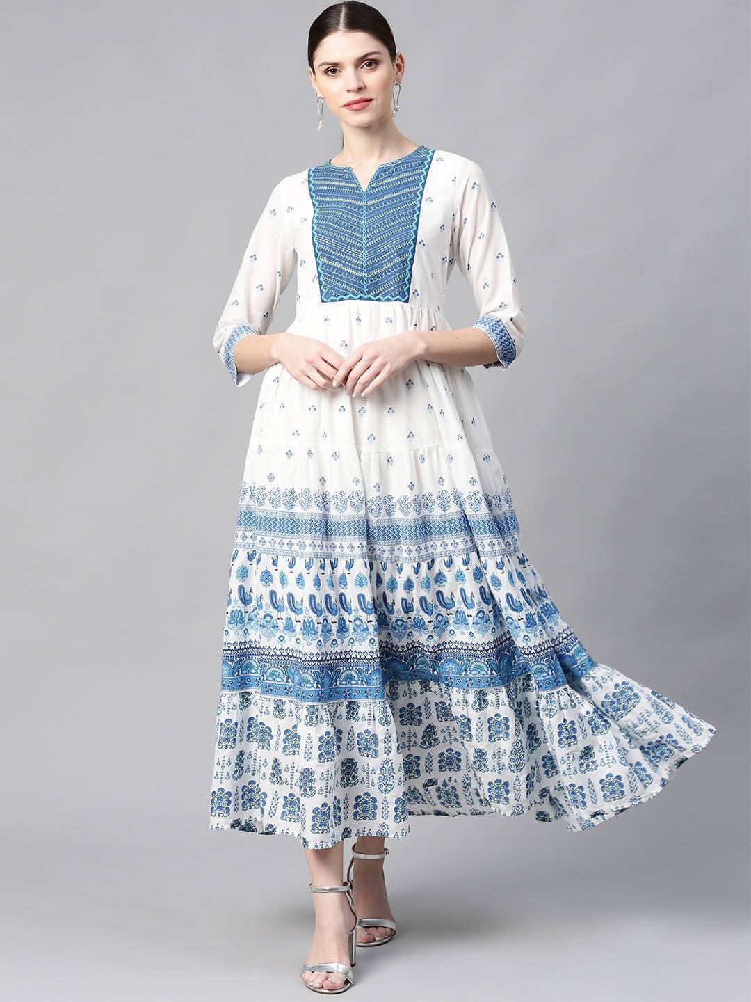 Women's Blue Cotton Printed Tiered Dress - Juniper