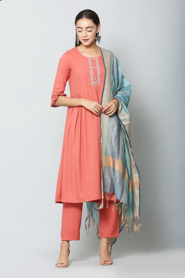 Women's Embroidery Rayon Kurta And Pant With Dupatta Set - VAABA