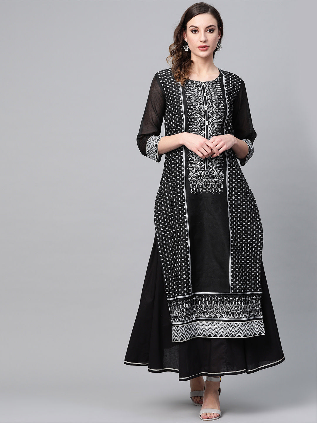 Women's Black And White Screen Printed Kurta With Skirt - Noz2Toz