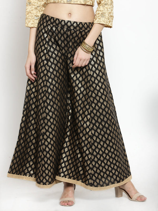 Women's Black Printed Rayon Sharara - Wahe-NOOR